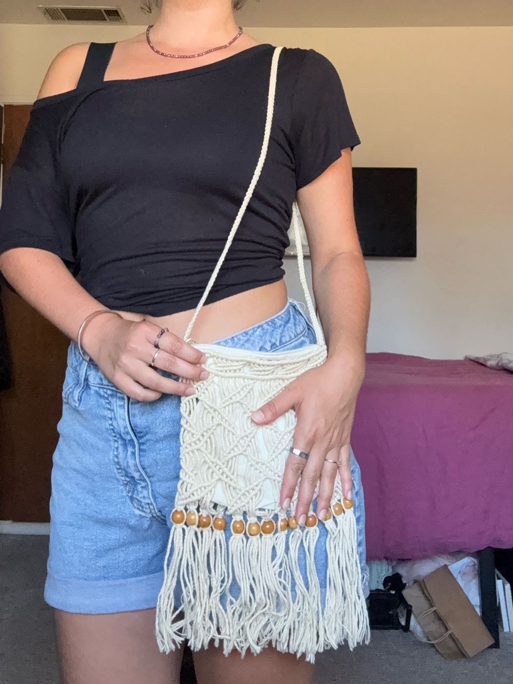 Handcrafted Cream Macramé Crossbody Bag with Bead Fringe